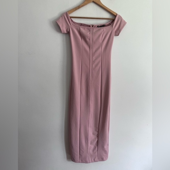 ZARA Off Shoulder TOPSTITCHED MIDI DRESS PALE PINK - Picture 3 of 13